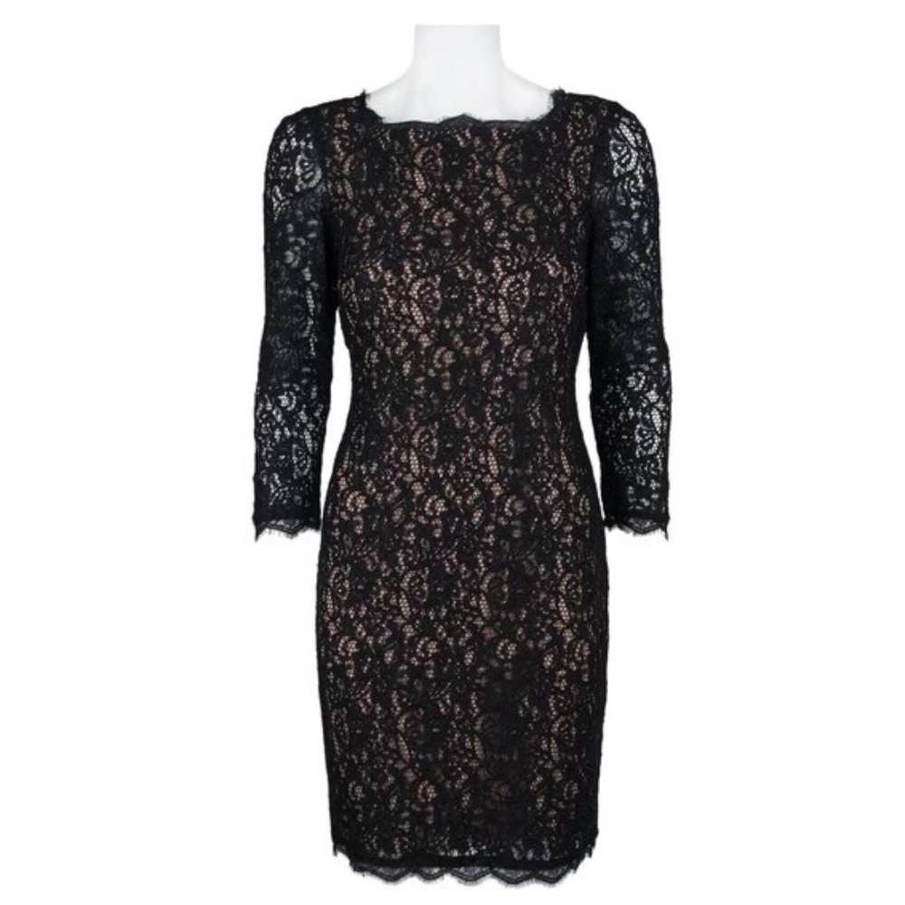 ADRIANNA PAPELL Lace Overlay Sheath Dress Size 4P Black and Nude NWOT
